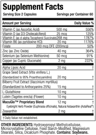 Macular Health Beyond AREDS2 Formula, Advanced Ocular Vitamin - Containing Lutein, Zeaxanthin, Bilberry, and Vitamins C, D, E, and B6 (60 Day Supply)