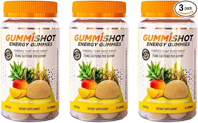 Energy Gummies, 2475 mg of Plant-Based Caffeine Chews per Bottle, Long Lasting Energy Boosters, Tropical 33 Count (Pack of 3)