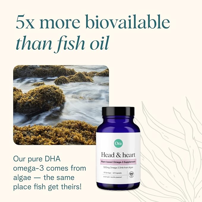 Ora Organic Vegan Omega 3 Supplement - 500mg DHA for Brain, Eye, and Heart Health - Made from Sustainable Algae - 60 Capsules