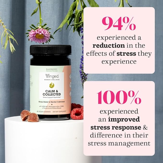 Winged Wellness Calm & Collected, Stress Relief Gummies - Stress Support Supplement with KSM-66 Ashwagandha, L-Theanine, GABA & Passionflower - Vegan & Gluten-Free Gummy - Raspberry, 42 Count