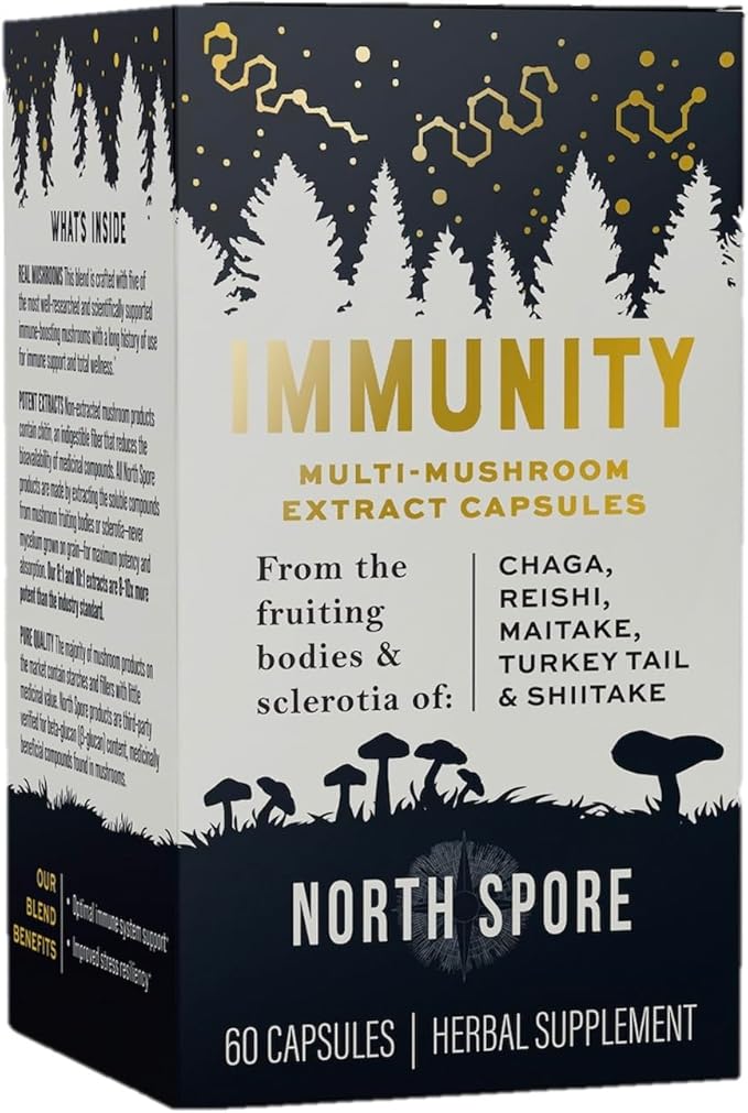 North Spore Immunity Mushroom Supplement Capsules | Organic Turkey Tail, Chaga, Reishi, Maitake, Shiitake Blend | Immune Functions & Balanced System Response | 100% Fruiting Body Extracts - 60ct