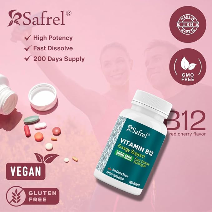 Safrel Vitamin B12 Sublingual Tablets, 5000 MCG, Red Cherry Flavor, Energy Support, 200 Count