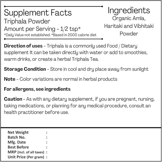 Just Jaivik 100% Organic Triphala Powder 227 gm / 0.5 lb | Supports Immunity & Digestive Functions | Natural Antioxidant | Certified Organic by OneCert Asia