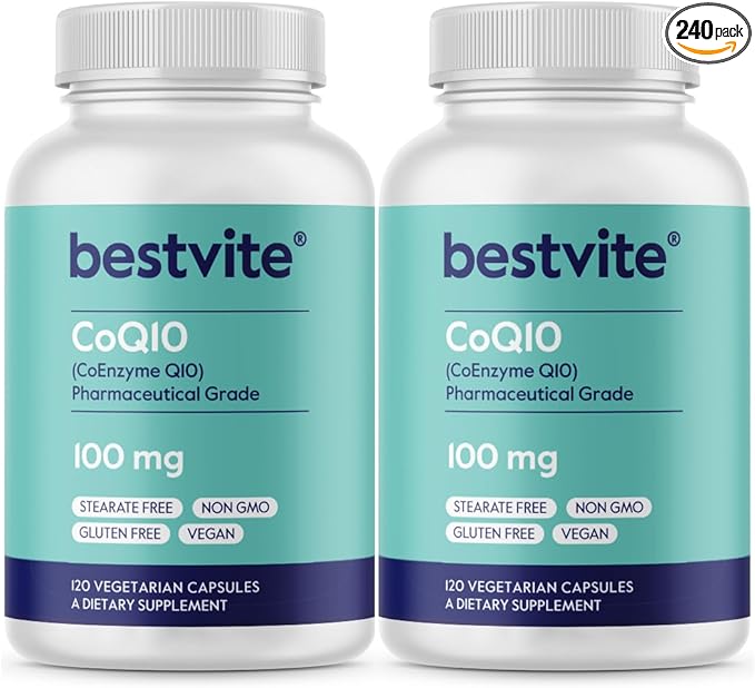 BESTVITE Coenzyme CoQ10 100mg (240 Vegetarian Capsules) (2-Pack) Naturally Fermented - No Stearates - No Fillers - Vegan - Non GMO - Gluten Free