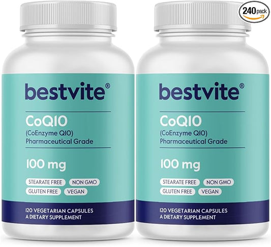 BESTVITE Coenzyme CoQ10 100mg (240 Vegetarian Capsules) (2-Pack) Naturally Fermented - No Stearates - No Fillers - Vegan - Non GMO - Gluten Free