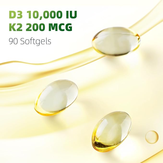 Vitamin D3 K2 Softgels, Vitamin D3 10000 IU with K2 (MK-7) 200 mcg with Coconut Oil Softgels, Supports Calcium Absorption, Bone, Immune and Heart Health - 90 Counts * 2 Packs