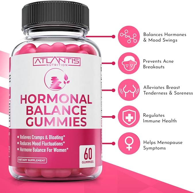 Atlantis Nutrition Hormonal Balance for Women & PMS Relief Gummies - Alleviates Cramps, Bloating, Mood Swings, Hot Flashes & Night Sweats - Cranberry, Dong Quai & Chasteberry Menstrual Cramp Relief