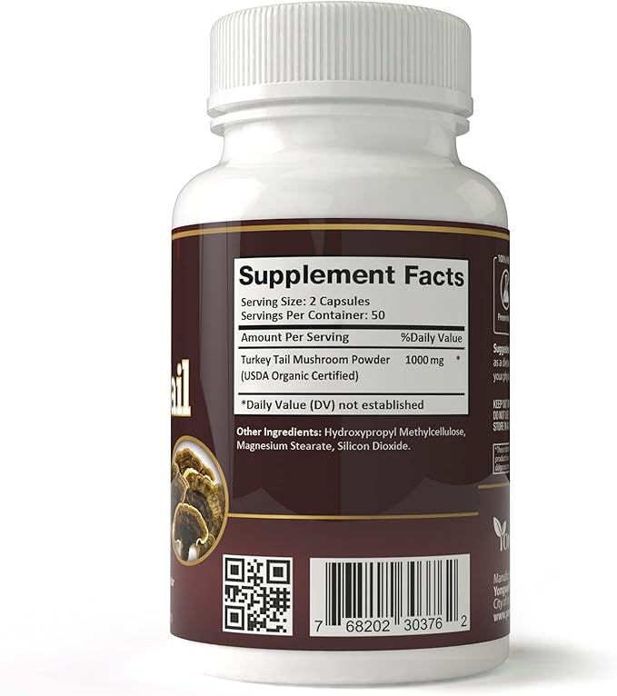 Turkey Tail Mushroom, Natural Immune Support, Wellness, & Vitality | Vegan, Gluten Free (100 Veggie Capsules / 50 Days Supply)