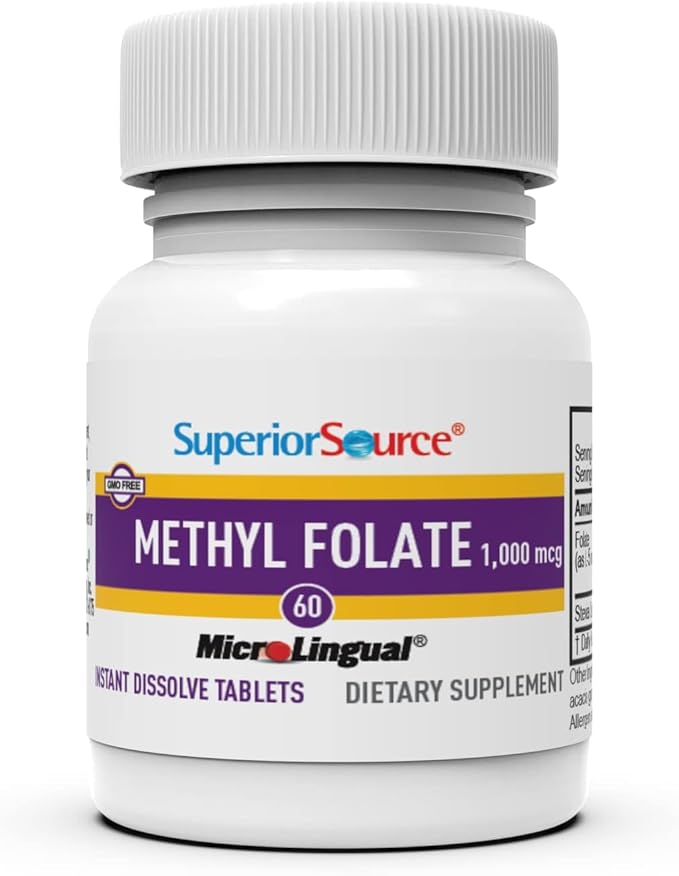 Superior Source Methyl Folate 1,000 mcg - Folate Supplement for Women & Men - Methylated Folate Supplement Supports Healthy Nervous System & Red Blood Cells - 60 Sublingual Dissolving Tablets