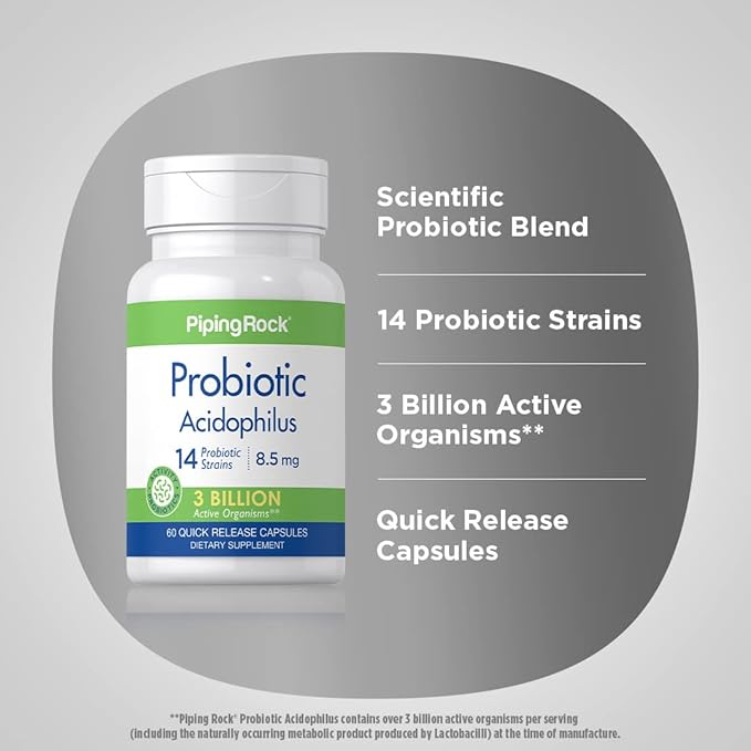 Piping Rock Probiotic Acidophilus Capsules | 60 Pills | 3 Billion CFU | Supplement for Women and Men | 14 Strains | Non-GMO, Gluten Free