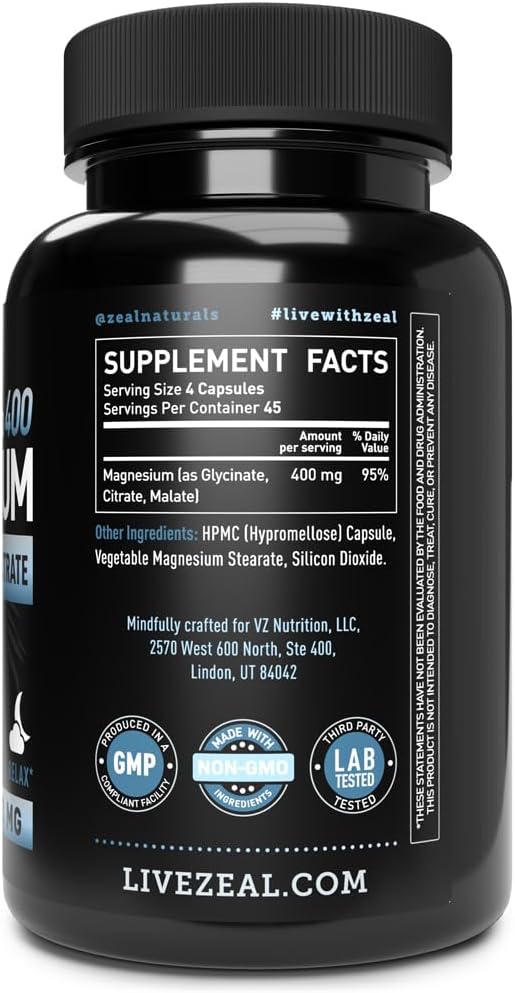 Premium Chelated Magnesium Glycinate, Malate, Citrate (400mg | 180 Capsules) Triple Blend Magnesium Complex