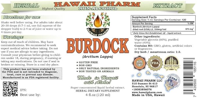 Burdock Alcohol-Free Liquid Extract, Organic Burdock (Arctium Lappa) Dried Root Glycerite Hawaii Pharm Natural Herbal Supplement 15x4 oz