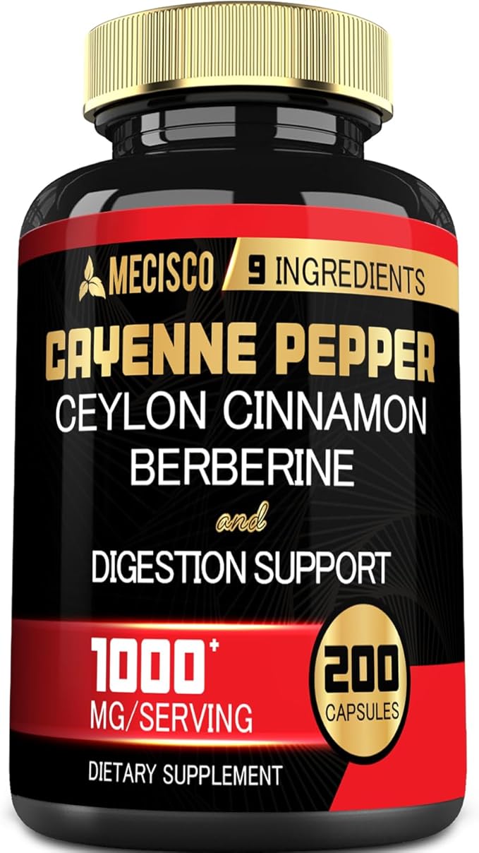 Cayenne Pepper Capsules with Turmeric Curcumin Root, Berberine HCl, Ceylon Cinnamon Bark & More - 200 Capsules - Support Digestion Health, Immune System & Body Balance