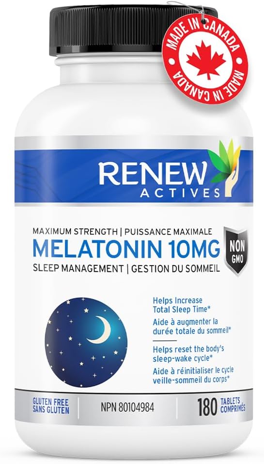 Renew Actives Melatonin 10mg per Serving – Promotes a Deeper, Longer & Ideal for Sleep Management, Jet Lag & to Reset Your Sleep Cycle - Made in Canada - 180 Tablets
