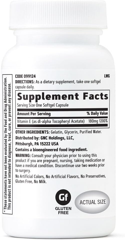 GNC Vitamin E 200mg, 100 Softgels, Supports Healthy Cardiovascular System