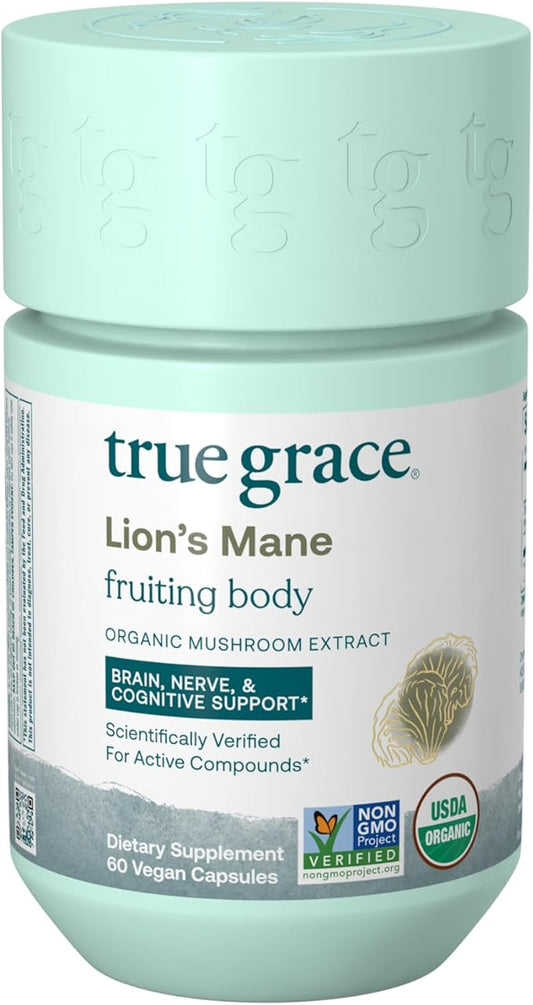 True Grace Mushroom Lion's Mane Brain, Nerve & Cognitive Support - 60 Count Capsules - Organic