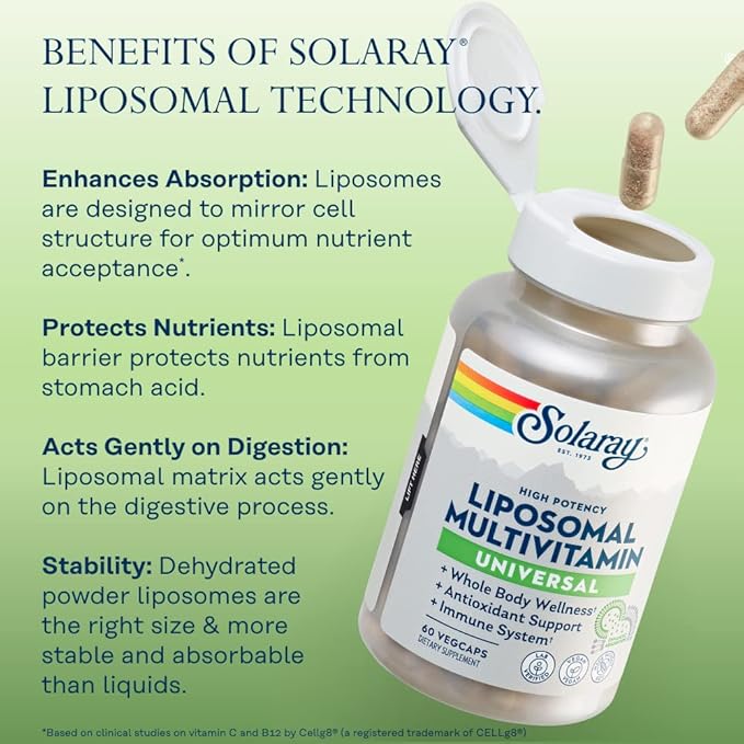 SOLARAY Liposomal Multivitamin for Men & Women, High Potency, Enhanced Absorption Vitamin C, Vitamin D, Biotin, Methyl B-12, Odor Neutral & Gentle Digestion, 30 Servings, 60 VegCaps