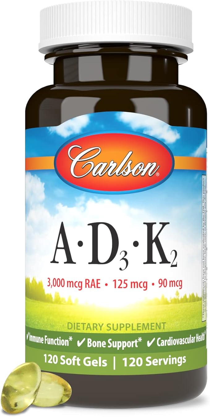 Carlson - Vitamins A, D3, K2, 3000 mcg RAE Vitamin A, 125 mcg Vitamin D3, 90 mcg Vitamin K2 as MK-7, Bone Building, Calcium Utilization, 120 Soft Gels