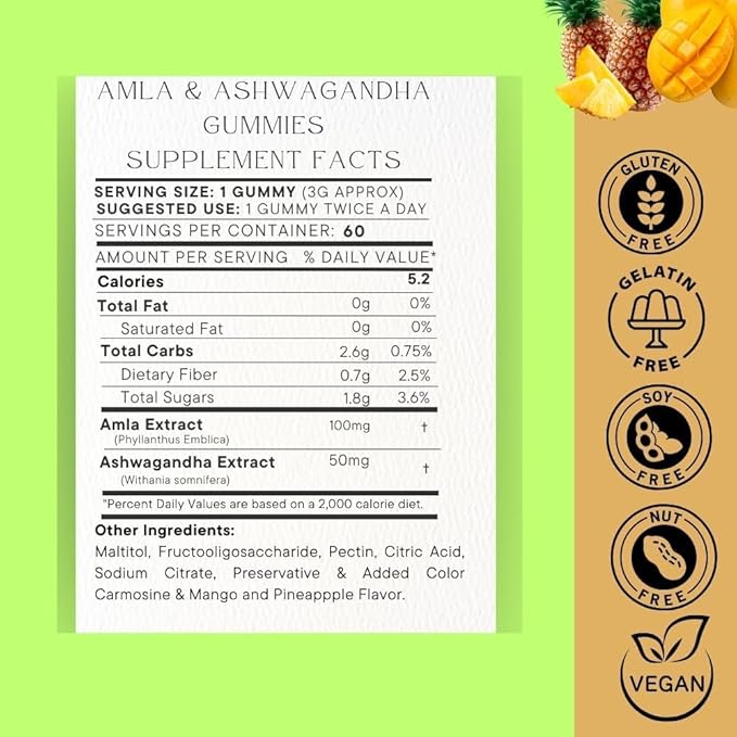 SOHM Amla and Ashwagandha Gummies, Individually Wrapped, Supports Healthy Immune Health, Reduce Infections -Ashwagandha Gummies for Women and Men Vegetarian(Pineapple,Mango)