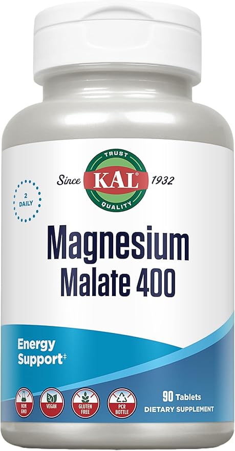 KAL Magnesium Malate 400mg, Chelated Magnesium Supplement with Malic Acid, Healthy Energy & Muscle Function Support, Enhanced Absorption, Vegan, Non-GMO, 45 Servings, 90 Veg Tabs