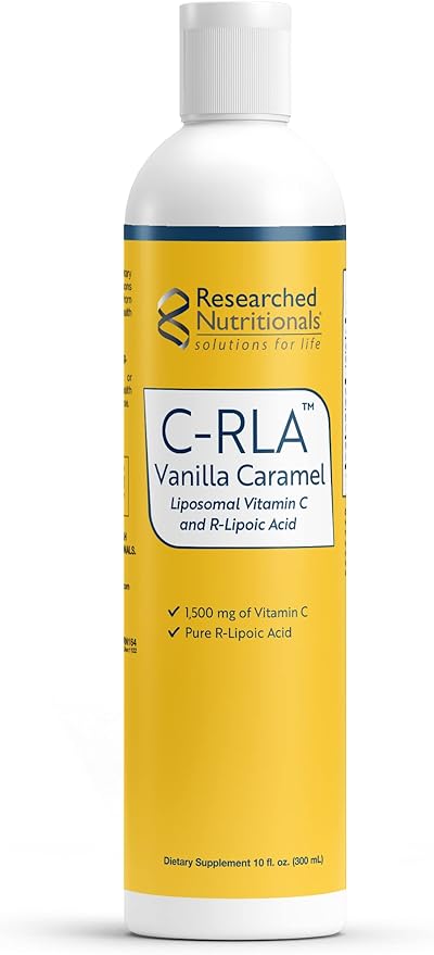 Researched Nutritionals C-RLA - Liposomal Vitamin C with R Lipoic Acid to Support Detox - Vegan & Soy-Free Vitamin C Liquid, Vanilla Caramel Flavor (10 Fl Oz)