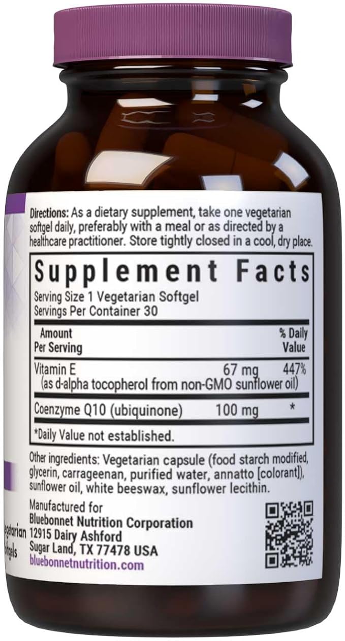 Bluebonnet Nutrition CoQ10 100 mg, Energy Production*, Heart Health*, Non-GMO, Gluten-Free, Soy-Free, Vegetarian Friendly, 30 Vegetarian Softgels, 30 Servings