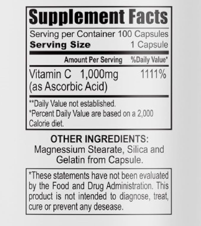 Vitamin C 1000mg, 100 Capsules, Dietary Supplement Capsules