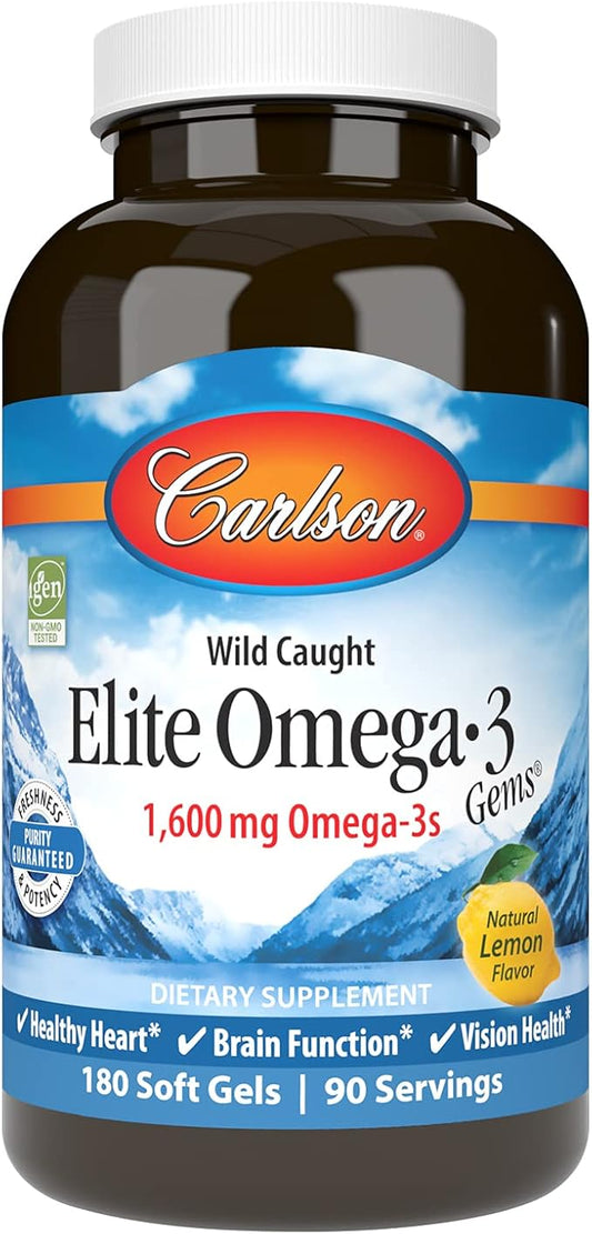 Carlson - Elite Omega-3 Gems, 1600 mg Omega-3s, Heart, Brain & Vision Support, Wild Caught, Orange, 180 soft gels