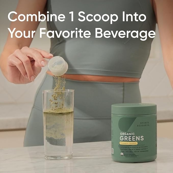Sports Research® Organic Greens Superfood Powder w/Spirulina & Chlorella, Adaptogens, Enzymes, Probiotics & 8 VIT Bs for Gut & Mood Support* - Vegan, Sugar-Free & Low-Cal Pineapple Coconut 30