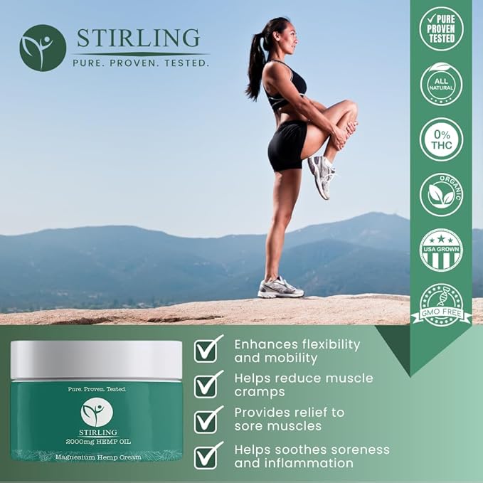 STIRLING Magnesium Cream - 2000mg Hemp Oil + Magnesium & Arnica - Promotes Relief for Joint and Muscle Discomfort, Back Support, and More - Made in USA with Premium Ingredients