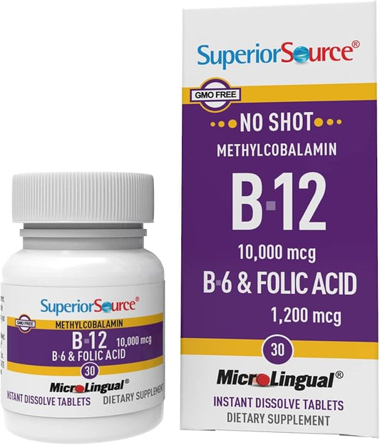Superior Source No Shot Vitamin B-12 Methylcobalamin 10000 mcg, B-6 & Folic Acid 1200 mcg - Supports Brain & Heart Health - Aids Natural Energy Levels - 30 Sublingual Dissolving Tablets