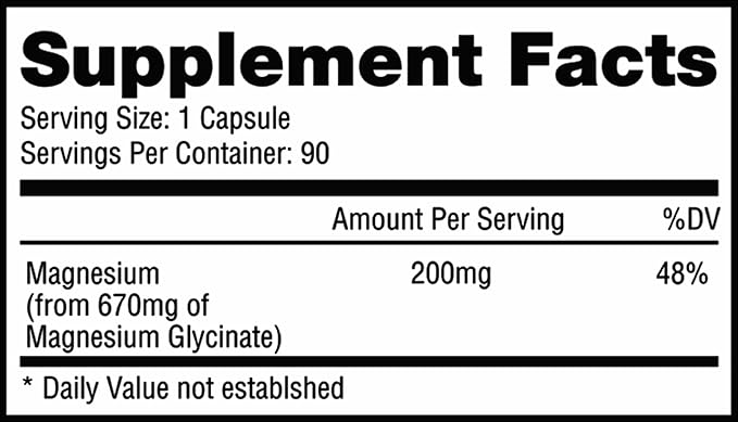 Magnesium Glycinate Capsules (200mg per Capsule, 90 Count) Made in USA