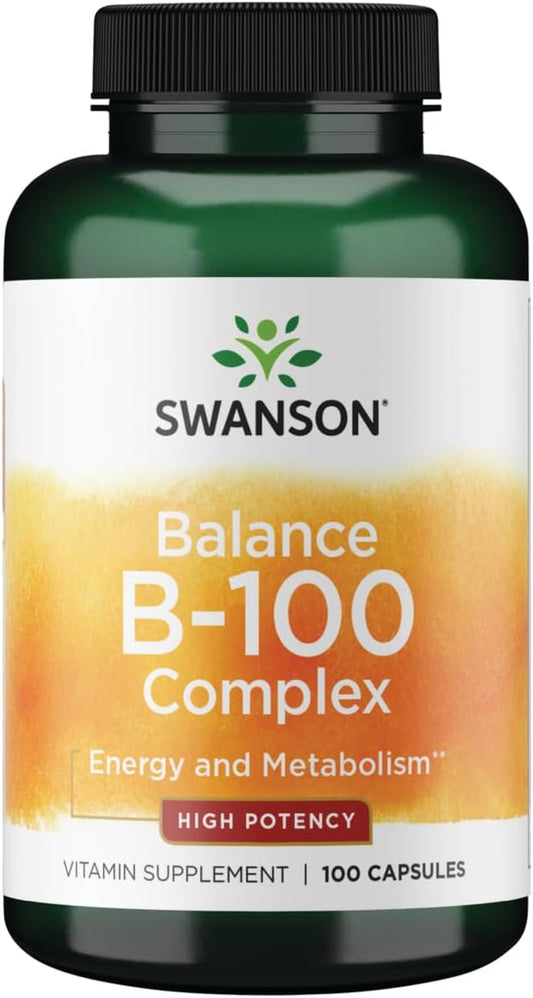 Swanson Vitamin B-100 - Vitamin Supplement Promoting Energy & Metabolism Support - High Potency Formula Supporting Heart Health, Brain Health & Nervous Function - (100 Capsules)