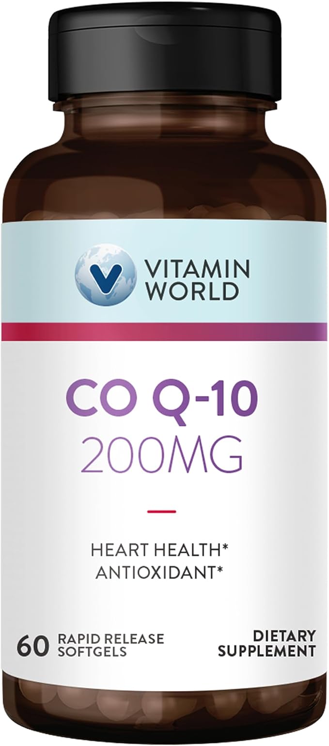 Vitamin World CoQ10 200 mg Softgels, Coenzyme Q10 Supplements for Antioxidant Support, Heart Health & Energy Production, Gluten Free, 60 Rapid Release Softgels