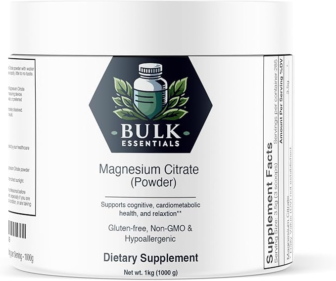 Pure Magnesium Citrate Powder – Unflavored 1000g Supplement for Muscle, Heart & Digestive Support – USA Made, Free from GMO & Gluten – Magnesio 3.5g Per Serving