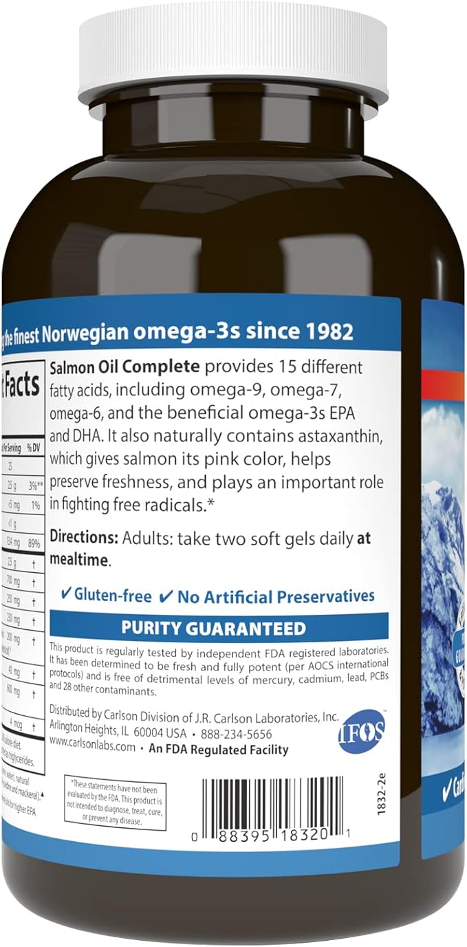 Carlson - Salmon Oil Complete, 700 mg Omega-3s + Astaxanthin, Cardiovascular Support, Brain Function & Joint Health, Norwegian, 240 Softgels