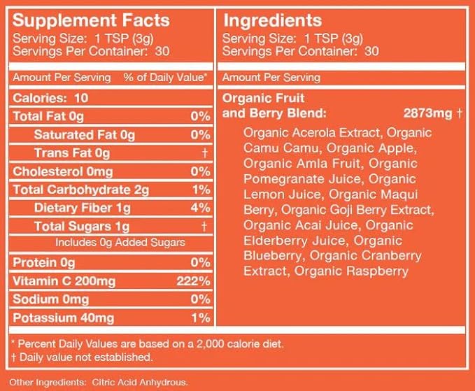 Live Ultimate Ultimate C 30 Day Pouch Organic Whole Food Vitamin C Powder, 13 Superberries & Superfruits, Non-GMO, Vegan, Gluten-Free