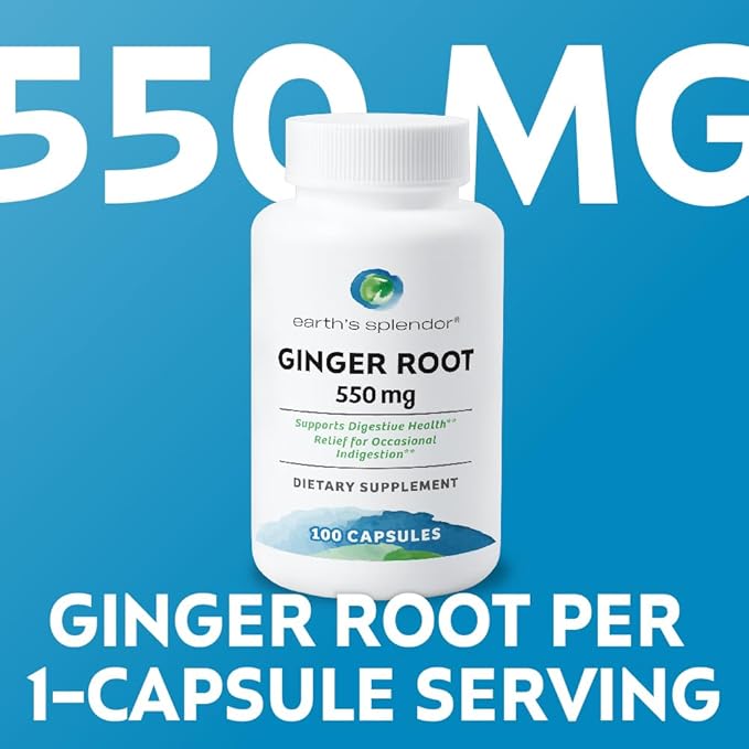 Earth's Splendor Ginger Root 550 mg Dietary Supplement for Men & Women, Supports Digestive Health, No Artificial Color or Preservatives (550 mg, 100 Capsules)
