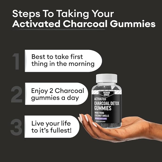 Premium Grade Activated Charcoal Gummies - Coconut Charcoal Supplements for Detox Support, Oral Health, Stomach & Digestion - Safe for Kids - No Bloat Vegan Gummy - Natural Acai Flavor (60 Count)