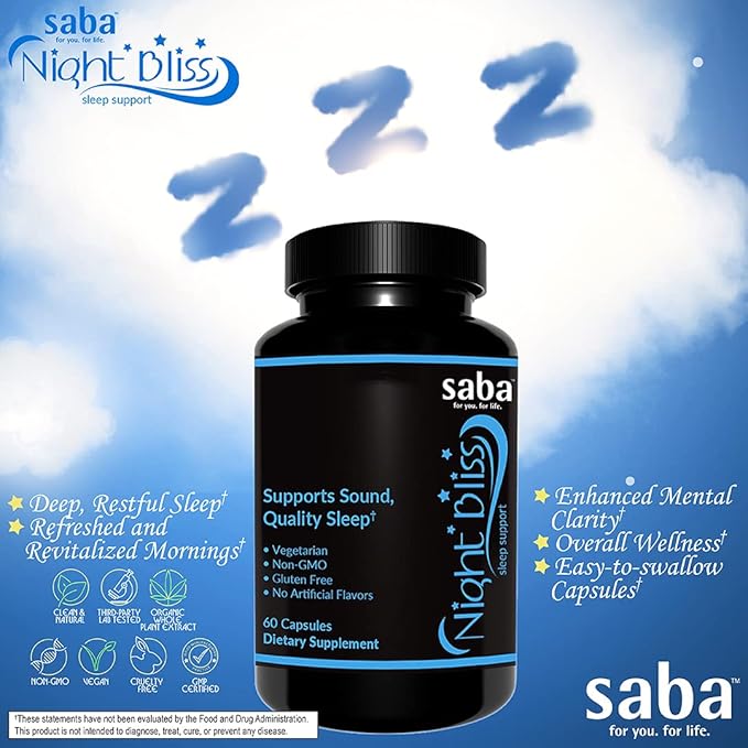 Saba Night Bliss Natural Sleep Aid | Non-Habit Forming | Sleep Supplement for Longer Sleep & Stress Relief w/Magnesium, Melatonin, GABA, Chamomile, & Valerian (60 Vegan Capsules, 30 Day Supply)