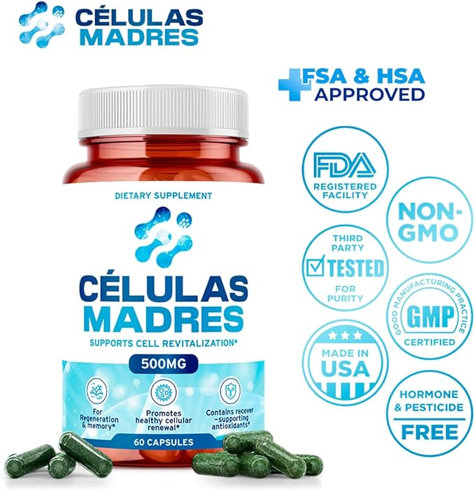 Stem Cell Supplements 500mg (120 Cap) Natural Anti-Aging & Longevity Support with Spirulina & Chlorella, Boost Cellular Renewal, Restore Youthful Energy, Reduce Joint Soreness – Celulas Madre