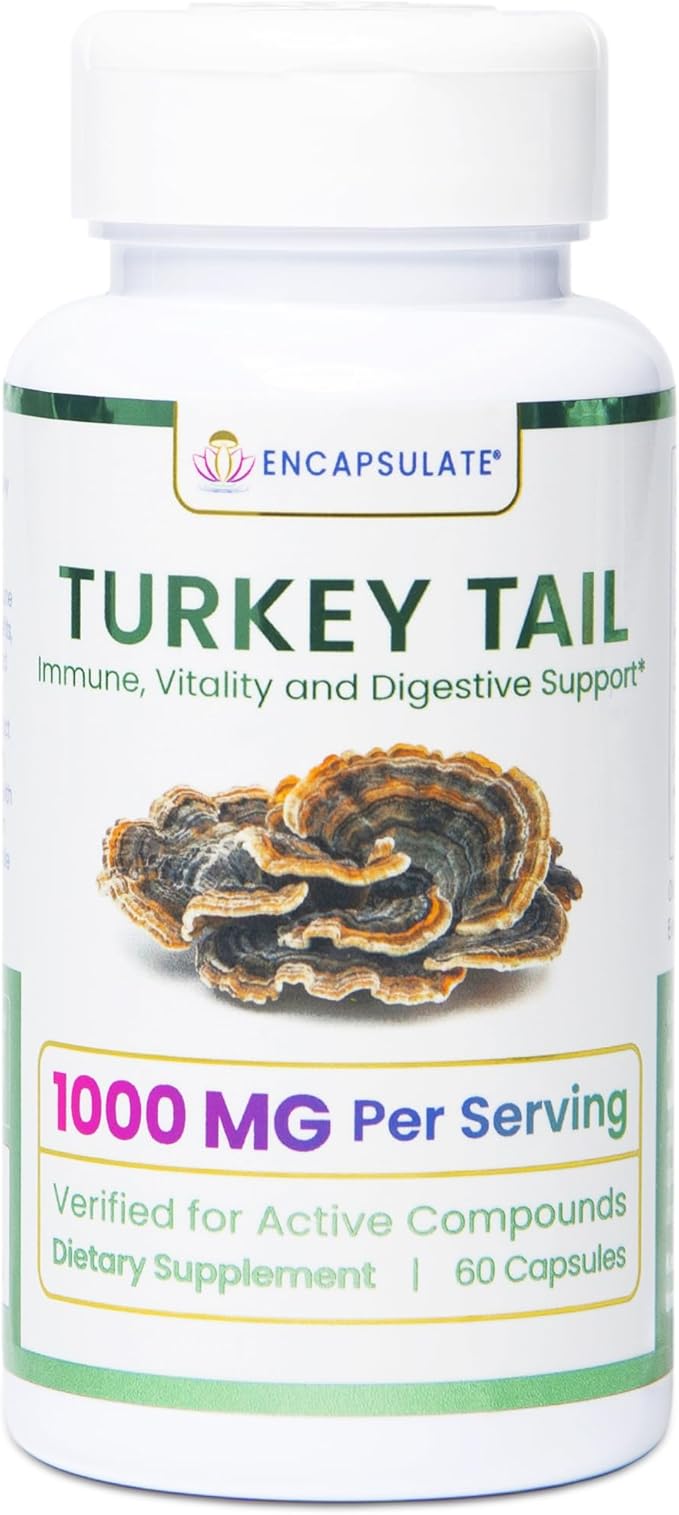 ENCAPSULATE Turkey Tail Capsules 1000mg – Premium Organic Fruiting Body 1:1 Extract – Adaptogen Mushroom Supplement for Digestive, Gut & Immune Support – Lab Tested & Max Bioavailability – 60 Count
