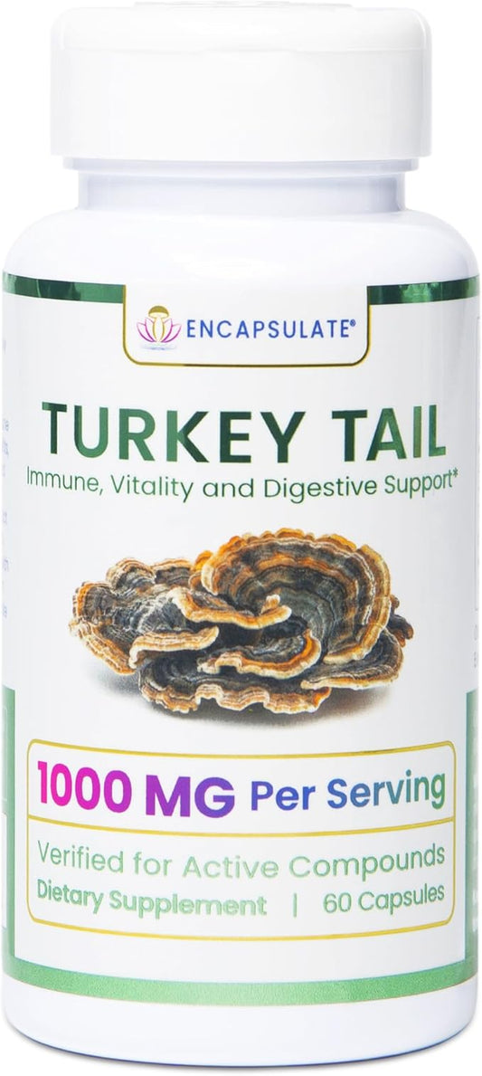ENCAPSULATE Turkey Tail Capsules 1000mg – Premium Organic Fruiting Body 1:1 Extract – Adaptogen Mushroom Supplement for Digestive, Gut & Immune Support – Lab Tested & Max Bioavailability – 60 Count