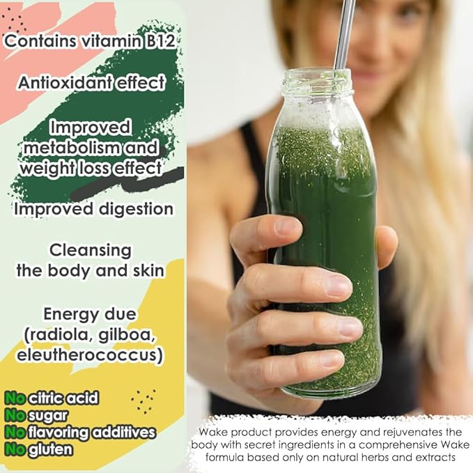 Wake Antioxidant Super Greens, Best Natural Powder Superfood, Spirulina & Chlorella, Vitamin B12, Non-GMO Vegan Drink, Juice & Smoothie Blend, Enzymes, Probiotics, Acai Berry & Camu Camu