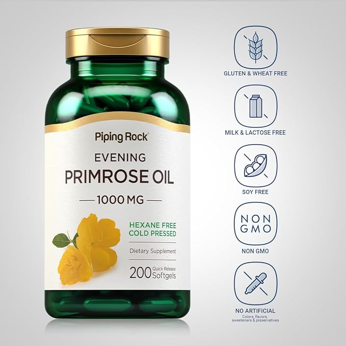 Piping Rock Evening Primrose Oil Capsules 1000mg | 200 Softgels | Cold Pressed Supplement | Non-GMO, Gluten Free