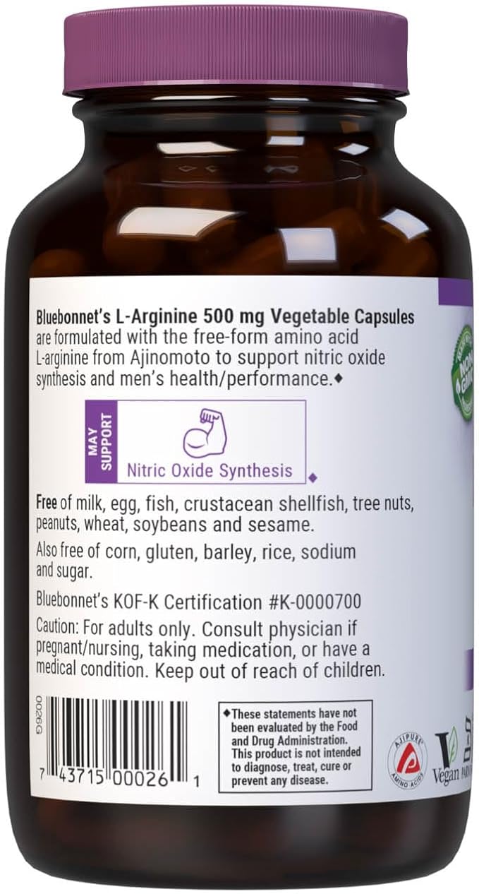 Bluebonnet Nutrition L-Arginine 500mg, Free-Form Amino Acid, Nitric Oxide Precursor*, Soy-Free, Gluten-Free, Non-GMO, Kosher Certified, Vegan, 100 Vegetable Capsules, 100 Servings, White