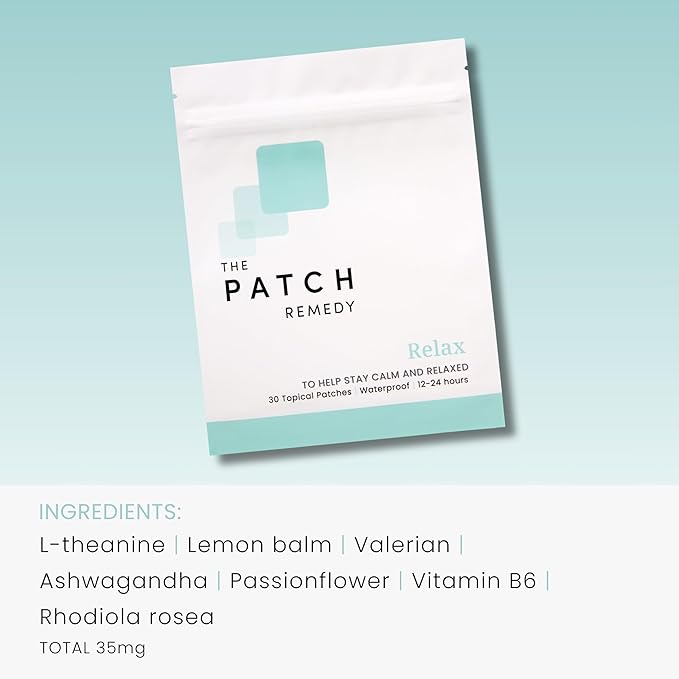 Relax Patches - 30 Topical Stress Relief Patches with Ashwagandha, L-theanine, Lemon Balm, Valerian, Passionflower, Vitamin B6, Rhodiola Rosea | Calming, Relieving, Relaxing