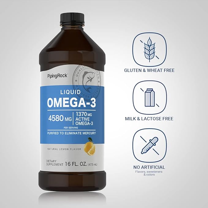 Piping Rock Omega 3 Fish Oil Liquid | 16 Fl Oz | Mercury Free | Lemon Flavor | 1370 mg Active Omega-3 Supplement | Non-GMO, Gluten Free