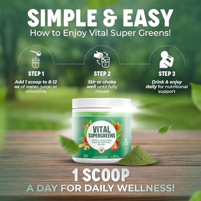 Vital Greens Superfood Powder - Daily Green Drink Powder with Probiotics and Superfoods - Supergreens for Energy Boost, Gut Health, Digestion Support, Plant-Based Nutrition, Vegan Superfoods