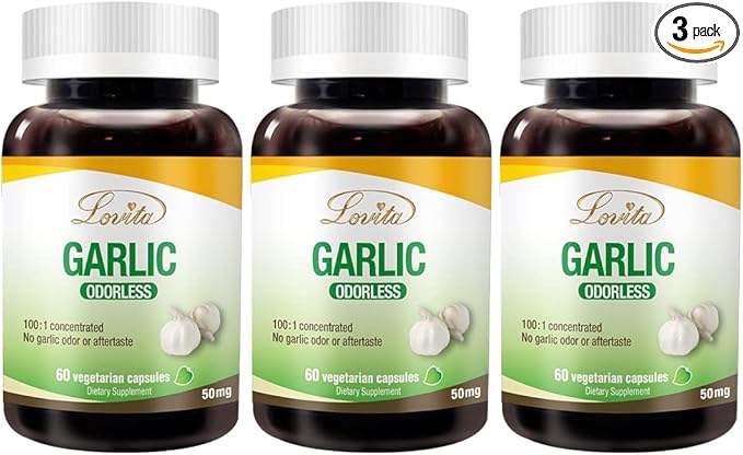 Lovita Odorless Garlic Extract, 50mg 100:1 Concentrate, High Potency, 1.25% Allicin, Gluten-Free, Supports Immune & Cardiovascular Health, 60 Vegan Capsules (Pack of 3)